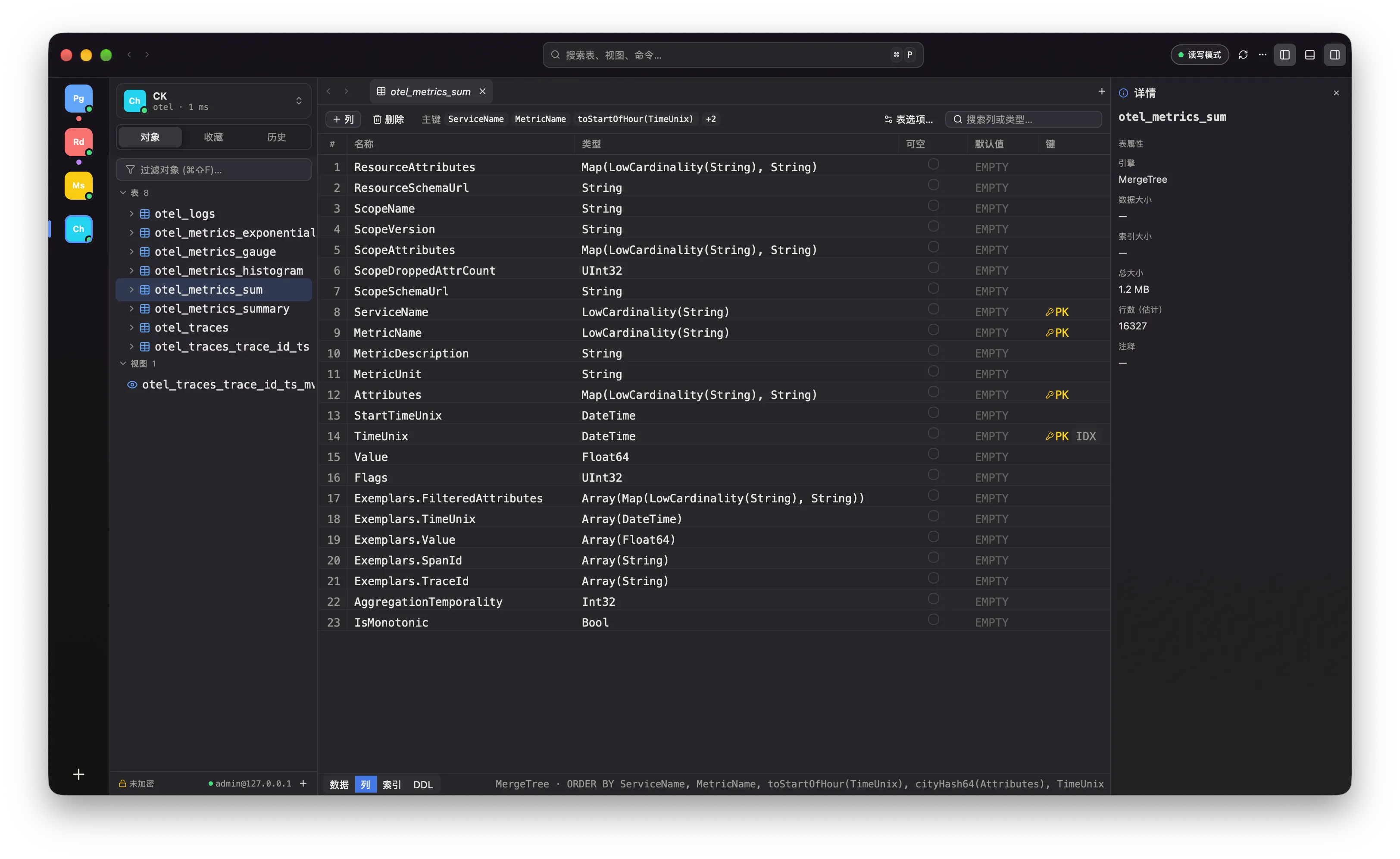 DbCat 中 ClickHouse 表 otel_metrics_sum 的列结构页：顶部列出排序键，中间是列名与 Map、LowCardinality 等类型，底部是 MergeTree 引擎与 ORDER BY，右侧是表属性