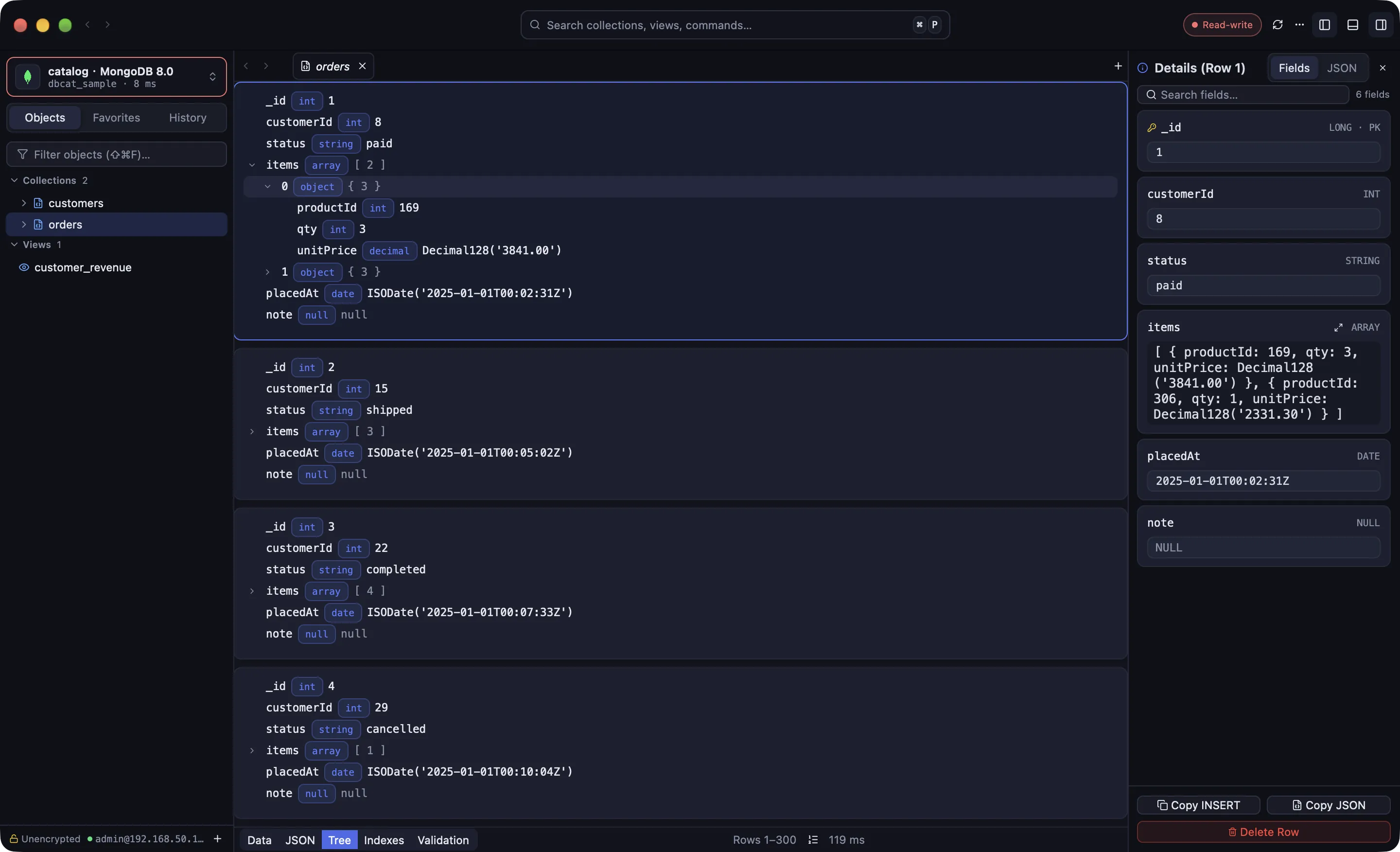 DbCat 中 MongoDB 8.0 orders 集合树视图：字段类型标签、展开的内嵌 items 数组与右侧文档详情面板
