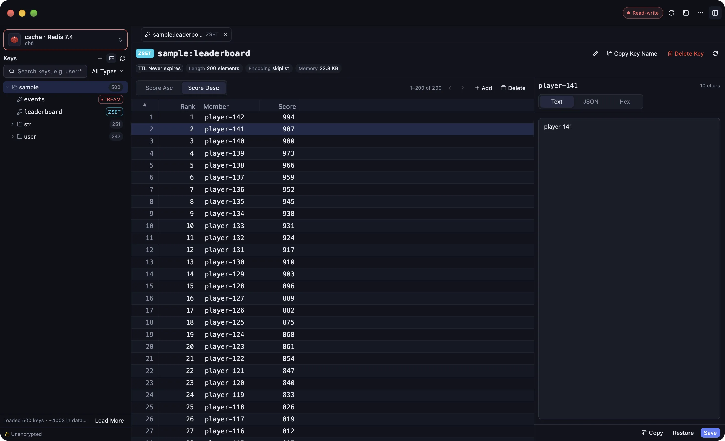 DbCat 中 Redis 7.4 的有序集合键 sample:leaderboard 详情页:按分数降序排列的成员列表、右侧成员值面板,以及 TTL、元素个数、编码和内存占用标签